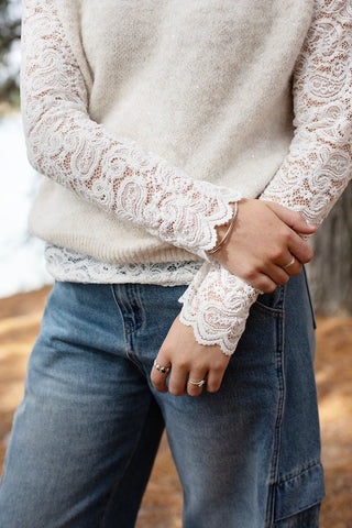 Woman wearing a white long-sleeve lace detail sweater and blue denim jeans.