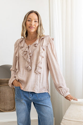 Lace Trim Ruffle Blouse - Latte