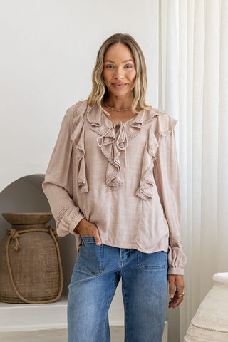 Lace Trim Ruffle Blouse - Latte