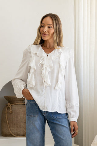 Lace Trim Ruffle Blouse - White