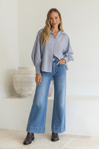 Shirred Cuff Shirt - Blue/Brown Stripe