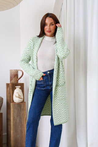 Zig Zag Pocket Coatigan - Sage/Ivory - b5698 - All About A Girl